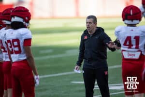 Associate head coach Phil Snow working with some players during Nebraska football practice Thursday, March 27, 2025 in Lincoln, Nebraska. Photo by John S. Peterson.