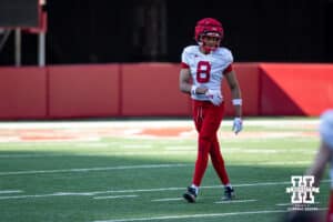 DeShon Singleton (8) getting ready to run some drills during Nebraska football practice Thursday, March 27, 2025 in Lincoln, Nebraska. Photo by John S. Peterson.