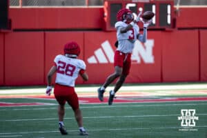 Marques Buford Jr. makes a catch during Nebraska football practice Thursday, March 27, 2025 in Lincoln, Nebraska. Photo by John S. Peterson.