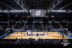 Omaha Mavericks shooting around at open practice day during the first round of the NCAA basketball tournament, Wednesday, March 19, 2025, in Providence, Rhode Island. Photo by Cassie Baker.