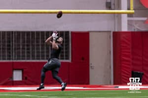 John Bullock makes a catch during Nebraska Pro Day Tuesday, March 25, 2025 in Lincoln, Nebraska. Photo by John S. Peterson.