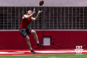 Issac Gifford makes a catch during Nebraska Pro Day Tuesday, March 25, 2025 in Lincoln, Nebraska. Photo by John S. Peterson.