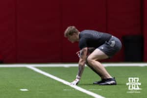 Thomas Fidone II warming up during Nebraska Pro Day Tuesday, March 25, 2025 in Lincoln, Nebraska. Photo by John S. Peterson.