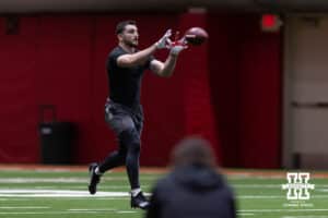 John Bullock makes a catch during Nebraska Pro Day Tuesday, March 25, 2025 in Lincoln, Nebraska. Photo by John S. Peterson.