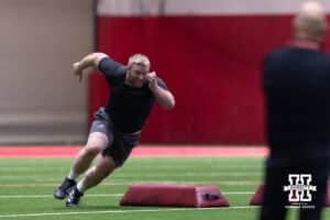Nash Hutmacher runs a drill during Nebraska Pro Day Tuesday, March 25, 2025 in Lincoln, Nebraska. Photo by John S. Peterson.