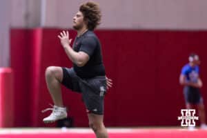 Brant Banks warming up during Nebraska Pro Day Tuesday, March 25, 2025 in Lincoln, Nebraska. Photo by John S. Peterson.