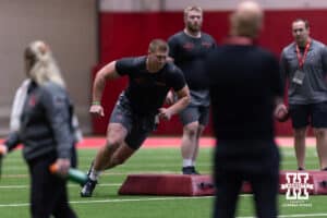 Ty Robinson runs a drill during Nebraska Pro Day Tuesday, March 25, 2025 in Lincoln, Nebraska. Photo by John S. Peterson.