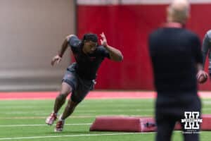 MJ Sherman runs a drill during Nebraska Pro Day Tuesday, March 25, 2025 in Lincoln, Nebraska. Photo by John S. Peterson.