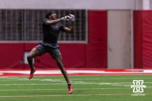 Jahmal Banks makes a catch during Nebraska Pro Day Tuesday, March 25, 2025 in Lincoln, Nebraska. Photo by John S. Peterson.