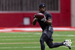 Rahmir Johnson makes a catch during Nebraska Pro Day Tuesday, March 25, 2025 in Lincoln, Nebraska. Photo by John S. Peterson.