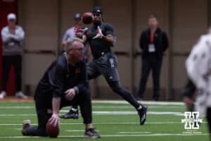 Rahmir Johnson makes a catch during Nebraska Pro Day Tuesday, March 25, 2025 in Lincoln, Nebraska. Photo by John S. Peterson.
