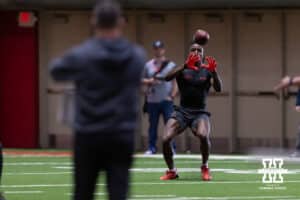 Isaiah Neyor makes a catch during Nebraska Pro Day Tuesday, March 25, 2025 in Lincoln, Nebraska. Photo by John S. Peterson.