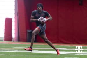 Jahmal Banks makes a catch during Nebraska Pro Day Tuesday, March 25, 2025 in Lincoln, Nebraska. Photo by John S. Peterson.