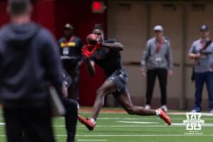 Isaiah Neyor makes a catch during Nebraska Pro Day Tuesday, March 25, 2025 in Lincoln, Nebraska. Photo by John S. Peterson.