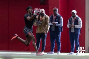 Jahmal Banks makes a catch during Nebraska Pro Day Tuesday, March 25, 2025 in Lincoln, Nebraska. Photo by John S. Peterson.