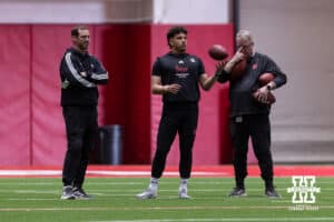 Dylan Raiola ready to throw some passes during Nebraska Pro Day Tuesday, March 25, 2025 in Lincoln, Nebraska. Photo by John S. Peterson.
