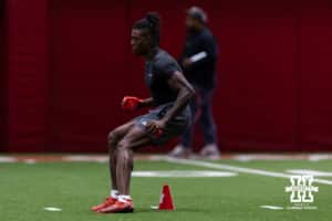 Isaiah Neyor warming up during Nebraska Pro Day Tuesday, March 25, 2025 in Lincoln, Nebraska. Photo by John S. Peterson.