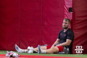 Bryce Benhart waiting for his turn during Nebraska Pro Day Tuesday, March 25, 2025 in Lincoln, Nebraska. Photo by John S. Peterson.