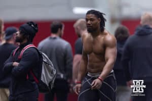 MJ Sherman getting ready during Nebraska Pro Day Tuesday, March 25, 2025 in Lincoln, Nebraska. Photo by John S. Peterson.