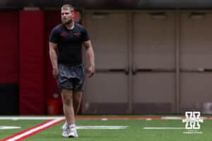 Bryce Benhart warming up during Nebraska Pro Day Tuesday, March 25, 2025 in Lincoln, Nebraska. Photo by John S. Peterson.