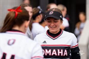 Omaha Maverick Katherine Johnson hyped up during a softball game at Connie Clausen Field on March 22nd, 2025 in Omaha Nebraska. Photo by Collin Stilen.