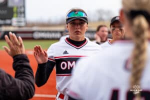 Omaha Mavericks cheer during a softball game at Connie Clausen Field on March 22nd, 2025 in Omaha Nebraska. Photo by Collin Stilen.