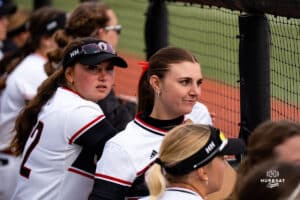 Omaha Mavericks watch their teammates during a softball game at Connie Clausen Field on March 22nd, 2025 in Omaha Nebraska. Photo by Collin Stilen.