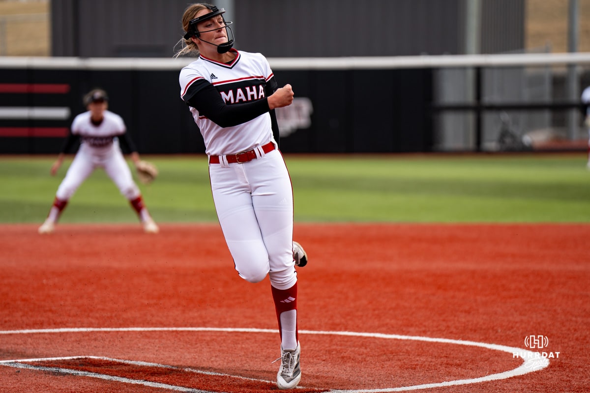 Omaha Maverick Alexis Wiggins pitches during a softball game at Connie Clausen Field on March 22nd, 2025 in Omaha Nebraska. Photo by Collin Stilen.