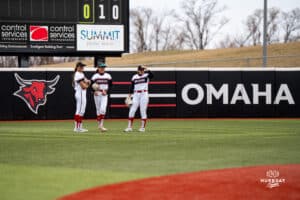 Omaha Mavericks in the outfield during a softball game at Connie Clausen Field on March 22nd, 2025 in Omaha Nebraska. Photo by Collin Stilen.