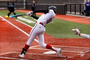 Omaha Maverick Sydney Thomason gets a hit during a softball game at Connie Clausen Field on March 22nd, 2025 in Omaha Nebraska. Photo by Collin Stilen.