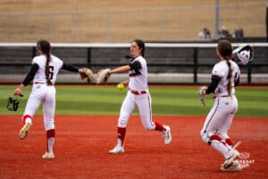 Omaha Mavericks cheer for the win in game one during a softball game at Connie Clausen Field on March 22nd, 2025 in Omaha Nebraska. Photo by Collin Stilen.