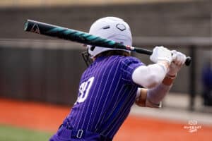 St Thomas softball player at the plate during a softball game at Connie Clausen Field on March 22nd, 2025 in Omaha Nebraska. Photo by Collin Stilen.