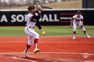 Omaha Maverick Maddia Groff at the mound during a softball game at Connie Clausen Field on March 22nd, 2025 in Omaha Nebraska. Photo by Collin Stilen.