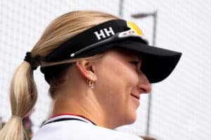 Omaha Maverick Alexis Wiggins all smiles during a softball game at Connie Clausen Field on March 22nd, 2025 in Omaha Nebraska. Photo by Collin Stilen.