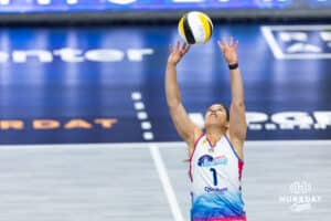 Omaha Supernovas Natalia Valentin-Anderson (1) sets the ball against the Indy Ignite in the second set during a professional volleyball match Saturday, March 22, 2025 in Lincoln, Nebraska. Photo by John S. Peterson.