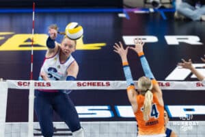 Omaha Supernovas Emily Londot (27) spikes the ball against Indy Ignite Anna DeBeer (14) in the second set during a professional volleyball match Saturday, March 22, 2025 in Lincoln, Nebraska. Photo by John S. Peterson.