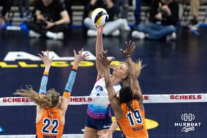 Omaha Supernovas Brooke Nuneviller (5) tips the ball over Indy Ignite Azhani Tealer (19) and Lydia Martyn (22) in the second set during a professional volleyball match Saturday, March 22, 2025 in Lincoln, Nebraska. Photo by John S. Peterson.