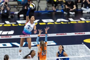 Omaha Supernovas Reagan Cooper (8) spikes the ball against Indy Ignite during a professional volleyball match Saturday, March 22, 2025 in Lincoln, Nebraska. Photo by John S. Peterson.