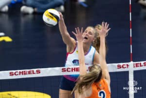 Omaha Supernovas Brooke Nuneviller (5) spikes the ball against Indy Ignite Sydney Hilley (2) during a professional volleyball match Saturday, March 22, 2025 in Lincoln, Nebraska. Photo by John S. Peterson.