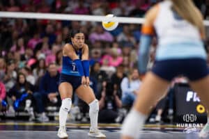 Omaha Supernovas Camila Gomez (10) passes the ball against the Indy Ignite during a professional volleyball match Saturday, March 22, 2025 in Lincoln, Nebraska. Photo by John S. Peterson.