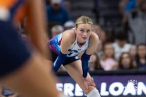 Omaha Supernovas Ally Batenhorst (14) waitng for the server against the Indy Ignite during a professional volleyball match Saturday, March 22, 2025 in Lincoln, Nebraska. Photo by John S. Peterson.
