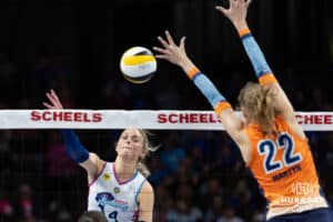 Omaha Supernovas Ally Batenhorst (14) spikes the ball against Indy Ignite Lydia Martyn (22) during a professional volleyball match Saturday, March 22, 2025 in Lincoln, Nebraska. Photo by John S. Peterson.