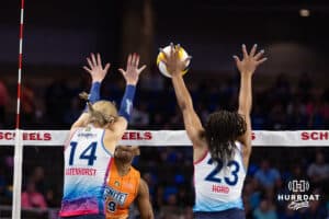 Omaha Supernovas Ally Batenhorst (14) and Kaitlyn Hord (23) block a shot from Indy Ignite Azhani Tealer (19) in the first set during a professional volleyball match Saturday, March 22, 2025 in Lincoln, Nebraska. Photo by John S. Peterson.
