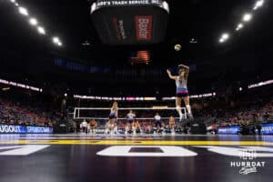 Omaha Supernovas Mac Podraza (9) serves the ball against the Indy Ignite during a professional volleyball match Saturday, March 22, 2025 in Lincoln, Nebraska. Photo by John S. Peterson.