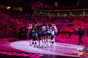 Omaha Supernovas huuddle up before taking on the Indy Ignite during a professional volleyball match Saturday, March 22, 2025 in Lincoln, Nebraska. Photo by John S. Peterson.