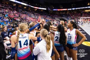 maha Supernovas huddle up for taking on the Indy Ignite during a professional volleyball match Saturday, March 22, 2025 in Lincoln, Nebraska. Photo by John S. Peterson.