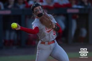 Nebraska Cornhusker Jordyn Bahl (98) throws to first for an out against the Minnesota Golden Gophers in the fifth inning during a college softball game Friday, March 21, 2025 in Lincoln, Nebraska. Photo by John S. Peterson.