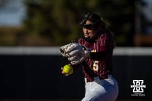Minnesota Golden Gopher Natalie Susa (5) throws a pitch against the Nebraska Cornhuskers in the second inning during a college softball game Friday, March 21, 2025 in Lincoln, Nebraska. Photo by John S. Peterson.