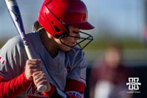 Nebraska Cornhusker Bella Bacon (3) at bat against the Minnesota Golden Gophers in the second inning during a college softball game Friday, March 21, 2025 in Lincoln, Nebraska. Photo by John S. Peterson.