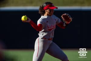 Nebraska Cornhusker Samantha Bland (29) throws to first for an out against the Minnesota Golden Gophers in the second inning during a college softball game Friday, March 21, 2025 in Lincoln, Nebraska. Photo by John S. Peterson.